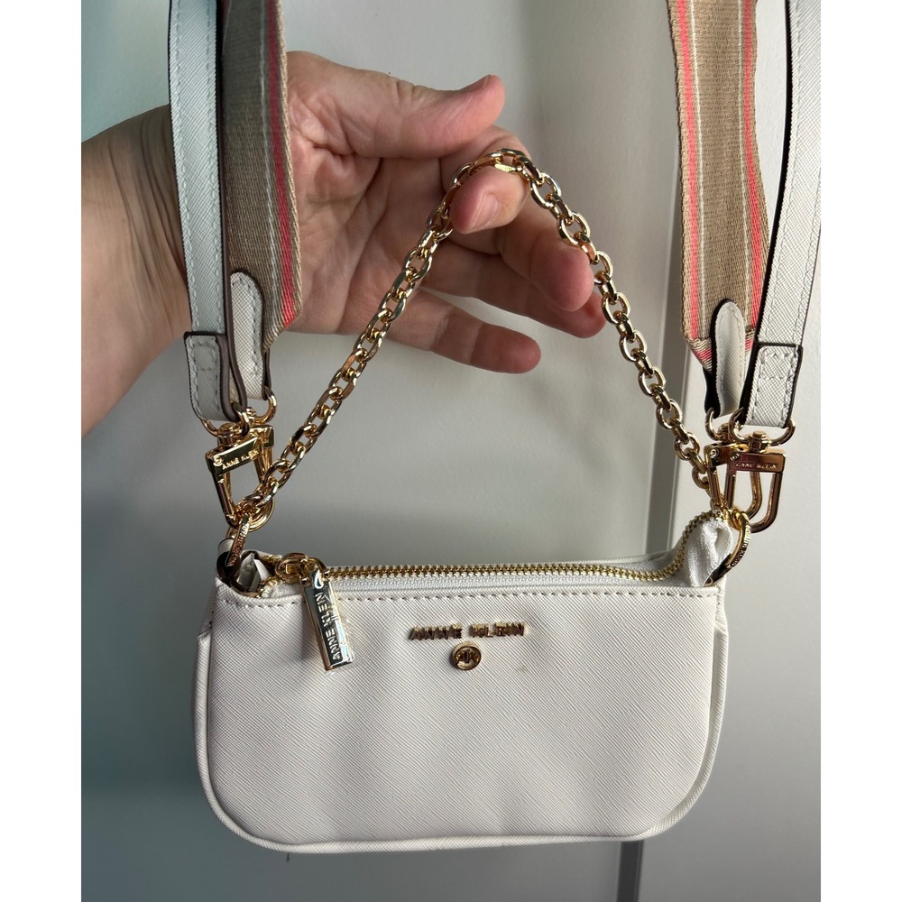 Anne‎ Klein White Saffiano Crossbody Bag with Chain and Webbing Strap